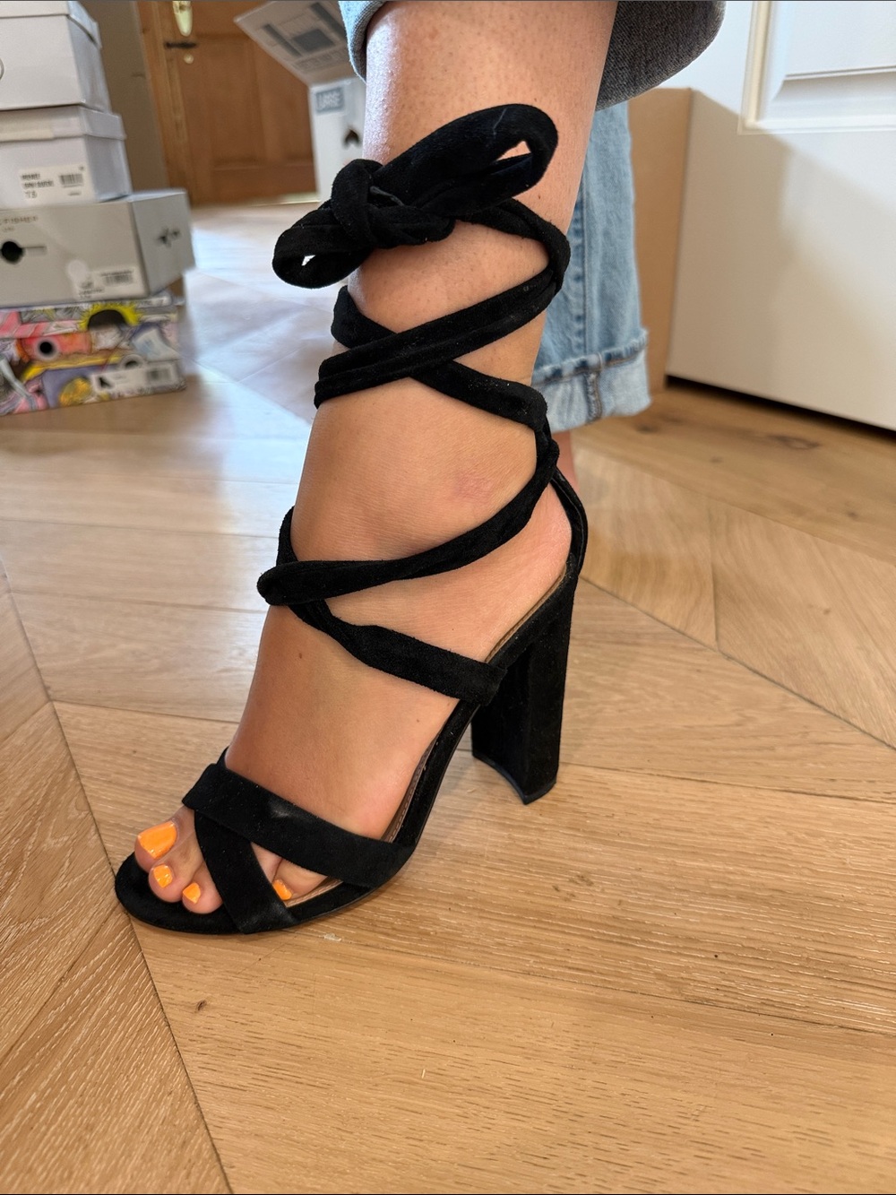 Steve Madden Black Suede Wrap-Around Block Heels